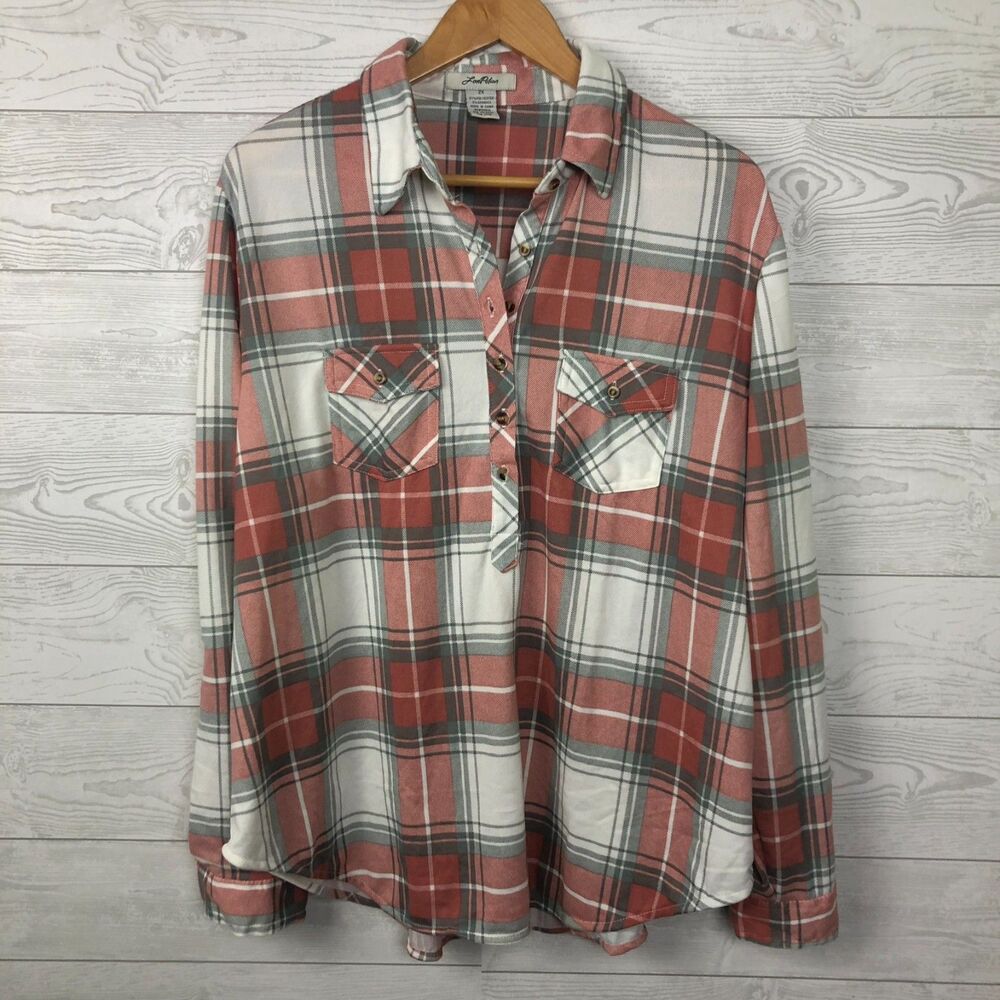 Love Potion Womens 2X Plaid Long Sleeve Popover Shirt Collared Casual Pink White